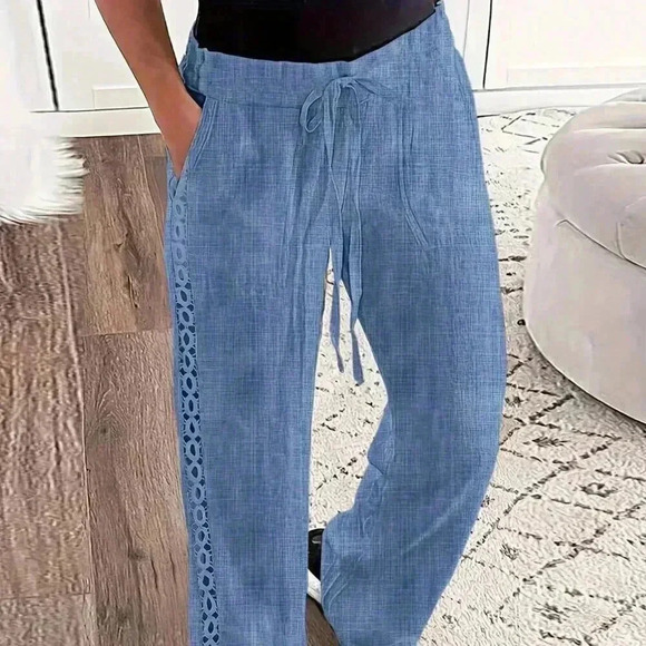 Blue Casual Women's Imitation Denim Linen Blend Side Lace Insert Long Pants - Picture 1 of 4